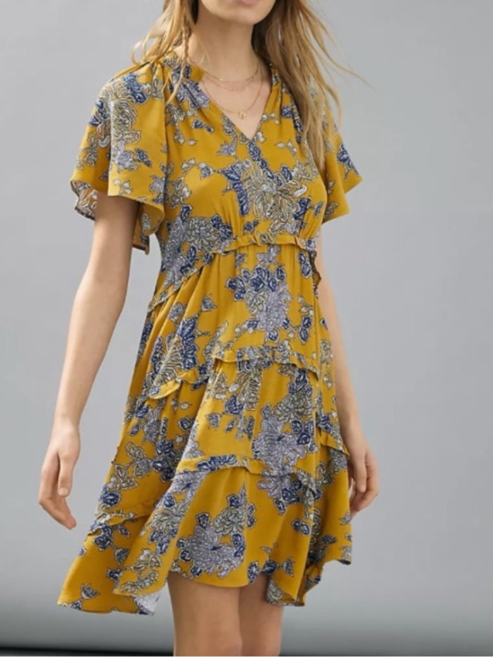 Anthropologie Mustard Floral V-Neck Mini Dress